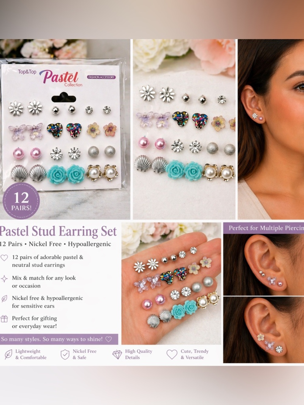 Pastel Stud Earring Set — Turquoise & Multicolor (12 Pairs)
